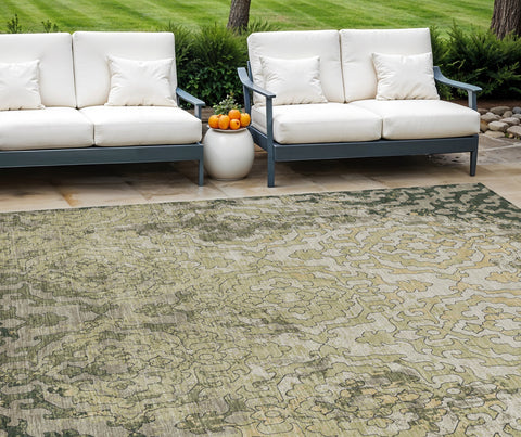 8' X 10' Artichoke Green And Beige Medallion Washable Indoor Outdoor Area Rug