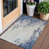 3' X 5' Navy Blue Beige And Sky Blue Medallion Washable Indoor Outdoor Area Rug