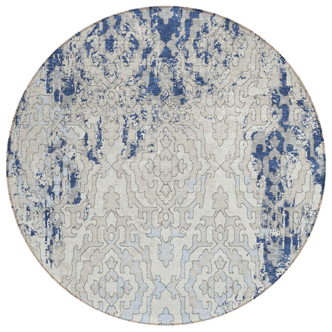 8' Navy Blue Beige And Sky Blue Round Medallion Washable Indoor Outdoor Area Rug