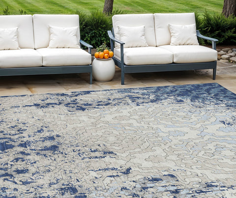 8' X 10' Navy Blue Beige And Sky Blue Medallion Washable Indoor Outdoor Area Rug