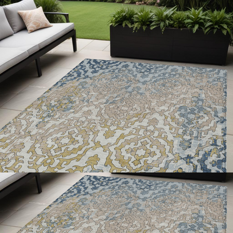 5' X 8' Sky Blue And Denim Blue Medallion Washable Indoor Outdoor Area Rug