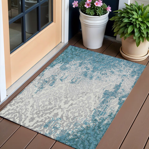 3' X 5' Teal Blue Gray And Ivory Medallion Washable Indoor Outdoor Area Rug