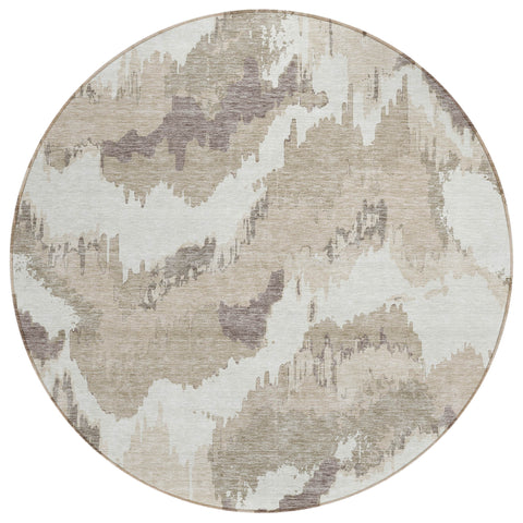 8' Beige Brown And Ivory Round Abstract Washable Indoor Outdoor Area Rug