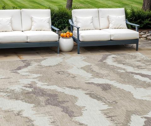 8' X 10' Beige Brown And Ivory Abstract Washable Indoor Outdoor Area Rug
