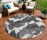 8' Black Gray And Charcoal Round Abstract Washable Indoor Outdoor Area Rug