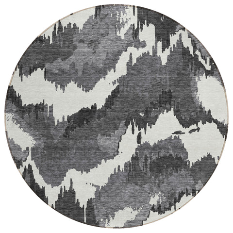 8' Black Gray And Charcoal Round Abstract Washable Indoor Outdoor Area Rug