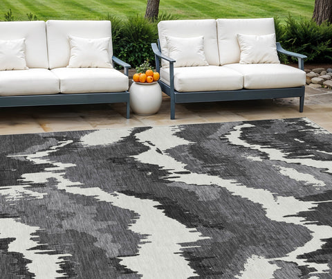 8' X 10' Black Gray And Charcoal Abstract Washable Indoor Outdoor Area Rug