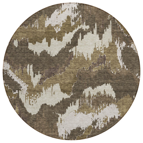 8' Brown Beige And Taupe Round Abstract Washable Indoor Outdoor Area Rug