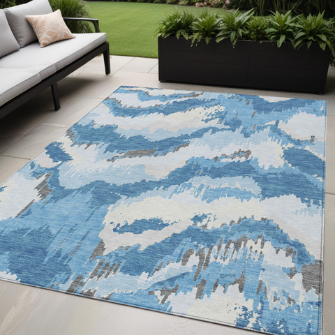 5' X 8' Sky Blue And Denim Blue Abstract Washable Indoor Outdoor Area Rug