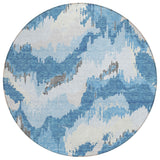8' Sky Blue And Denim Blue Round Abstract Washable Indoor Outdoor Area Rug