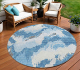 8' Sky Blue And Denim Blue Round Abstract Washable Indoor Outdoor Area Rug