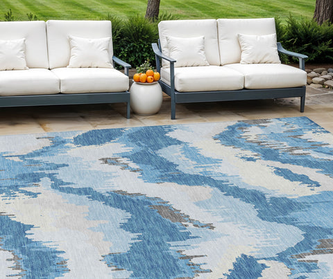 8' X 10' Sky Blue And Denim Blue Abstract Washable Indoor Outdoor Area Rug