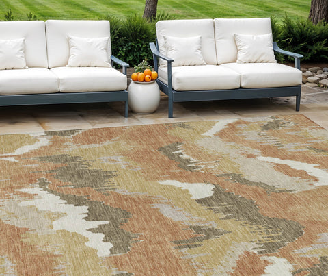 8' X 10' Copper Ivory And Brown Abstract Washable Indoor Outdoor Area Rug