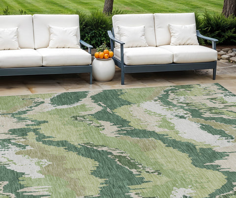 8' X 10' Green Ivory And Beige Abstract Washable Indoor Outdoor Area Rug