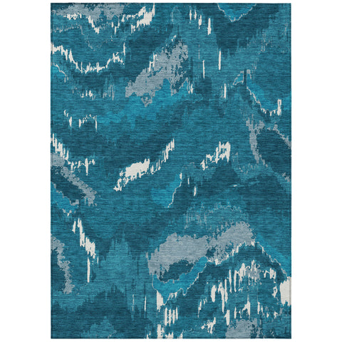 3' X 5' Navy Blue And Teal Blue Abstract Washable Indoor Outdoor Area Rug