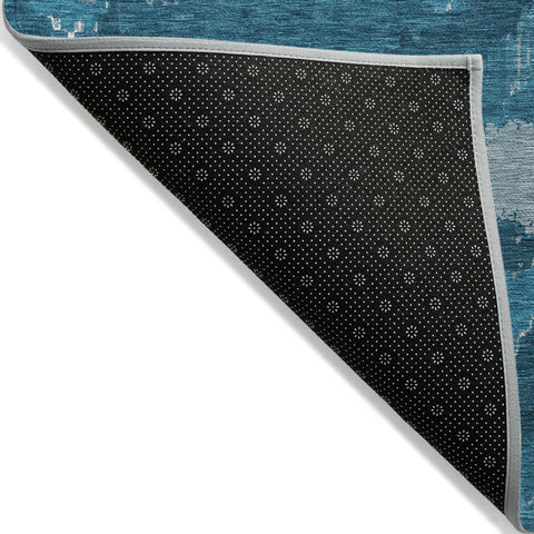5' X 8' Navy Blue And Teal Blue Abstract Washable Indoor Outdoor Area Rug