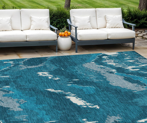 8' X 10' Navy Blue And Teal Blue Abstract Washable Indoor Outdoor Area Rug