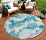 8' Teal Blue Sky Blue And Aqua Round Abstract Washable Indoor Outdoor Area Rug
