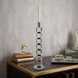 15" Silver Clear And Black Crystal Tabletop Taper Candlestick