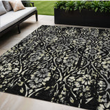 5' X 8' Black Gray And Ivory Floral Washable Indoor Outdoor Area Rug