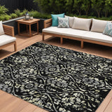 8' X 10' Black Gray And Ivory Floral Washable Indoor Outdoor Area Rug