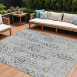 8' X 10' Gray Black And Green Floral Washable Indoor Outdoor Area Rug