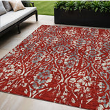 5' X 8' Red Ivory And Dark Gray Floral Washable Indoor Outdoor Area Rug