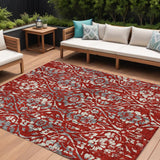 8' X 10' Red Ivory And Dark Gray Floral Washable Indoor Outdoor Area Rug