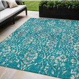 5' X 8' Teal Blue And Ivory Floral Washable Indoor Outdoor Area Rug