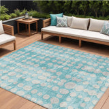 8' X 10' Teal Blue And Ivory Abstract Washable Indoor Outdoor Area Rug