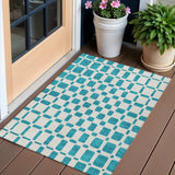 3' X 5' Teal Blue And Ivory Geometric Washable Indoor Outdoor Area Rug