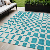 5' X 8' Teal Blue And Ivory Geometric Washable Indoor Outdoor Area Rug