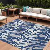 8' X 10' Navy Blue Gray And Ivory Animal Print Washable Indoor Outdoor Area Rug