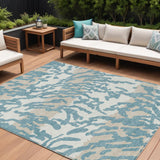 8' X 10' Teal Blue Beige And Ivory Animal Print Washable Indoor Outdoor Area Rug