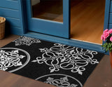 3' X 5' Black Gray And Ivory Floral Medallion Washable Indoor Outdoor Area Rug