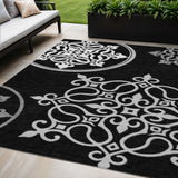 5' X 8' Black Gray And Ivory Floral Medallion Washable Indoor Outdoor Area Rug