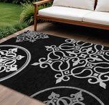 8' X 10' Black Gray And Ivory Floral Medallion Washable Indoor Outdoor Area Rug
