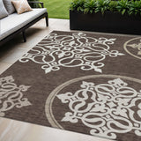 5' X 8' Chocolate Beige And Ivory Floral Medallion Washable Indoor Outdoor Area Rug