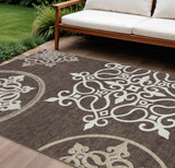 8' X 10' Chocolate Beige And Ivory Floral Medallion Washable Indoor Outdoor Area Rug