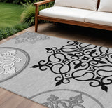 8' X 10' Gray Black And White Floral Medallion Washable Indoor Outdoor Area Rug