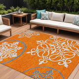 8' X 10' Orange Gray And Ivory Floral Medallion Washable Indoor Outdoor Area Rug