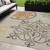 5' X 8' Taupe Copper And Green Floral Medallion Washable Indoor Outdoor Area Rug