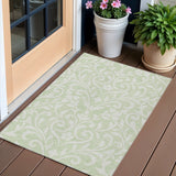 3' X 5' Artichoke Green And Ivory Floral Washable Indoor Outdoor Area Rug