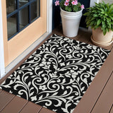 3' X 5' Black And Ivory Floral Washable Indoor Outdoor Area Rug