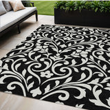 5' X 8' Black And Ivory Floral Washable Indoor Outdoor Area Rug