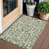 3' X 5' Fern Green And Ivory Floral Washable Indoor Outdoor Area Rug