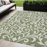 5' X 8' Fern Green And Ivory Floral Washable Indoor Outdoor Area Rug