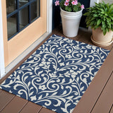 3' X 5' Navy Blue And Ivory Floral Washable Indoor Outdoor Area Rug
