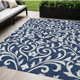 5' X 8' Navy Blue And Ivory Floral Washable Indoor Outdoor Area Rug