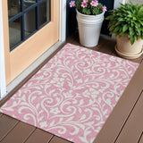 3' X 5' Pink And Ivory Floral Washable Indoor Outdoor Area Rug